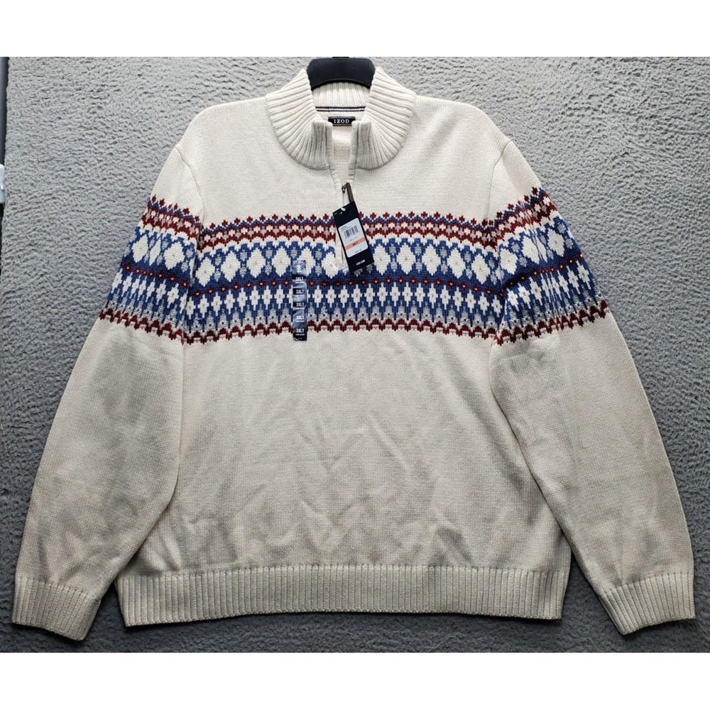 IZOD 1/4-Zip Pullover Sweater Mens 3XLT Tan Chunky Holiday Fairisle Long Sleeve